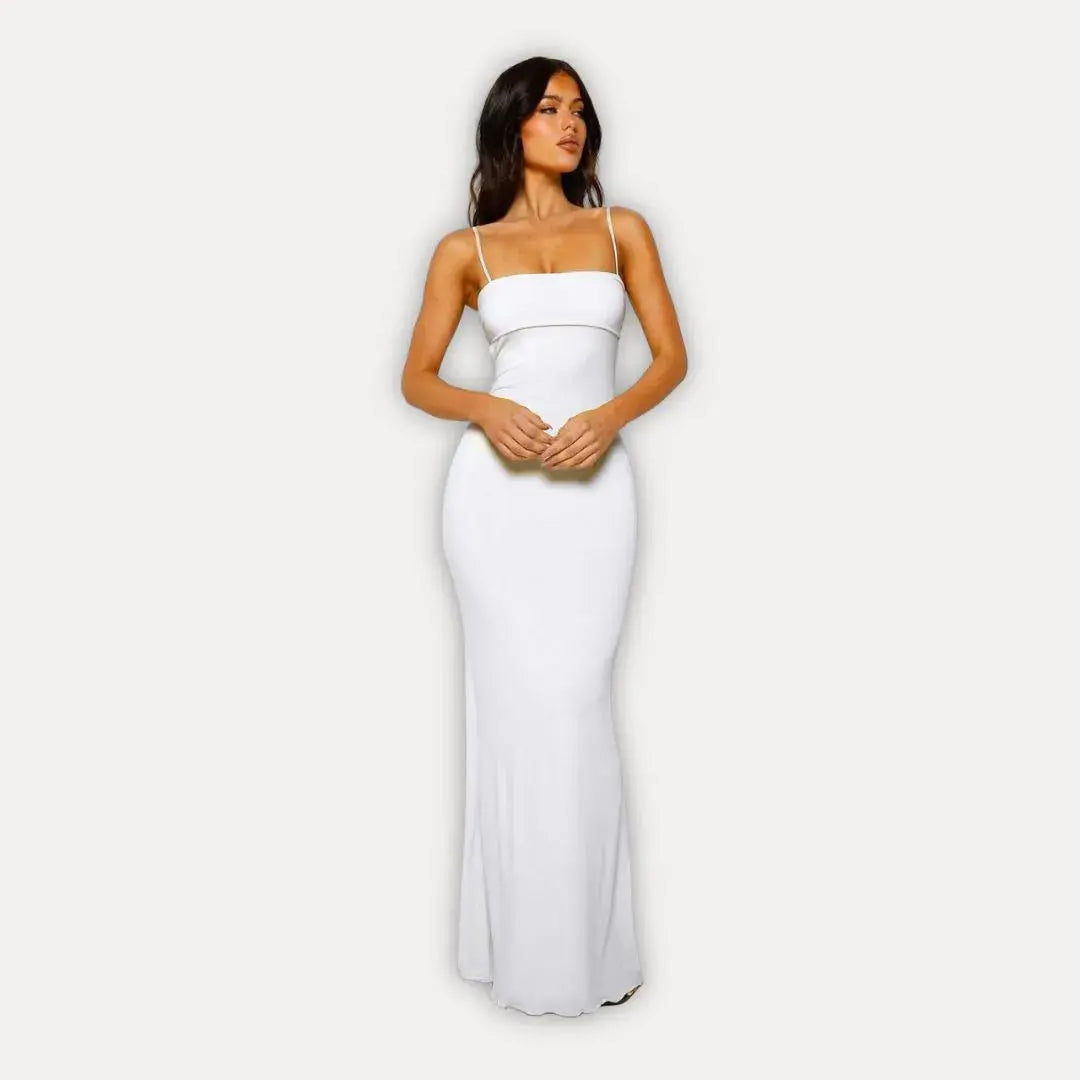 Black bodycon maxi dress with adjustable spaghetti straps and square neckline sleek figure-hugging fit
