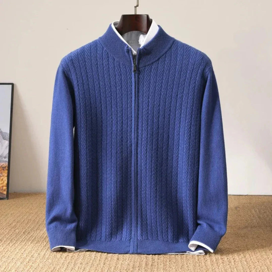 Men's wool zip-up cardigan with herringbone knit texture, stand collar, warm layering essential
