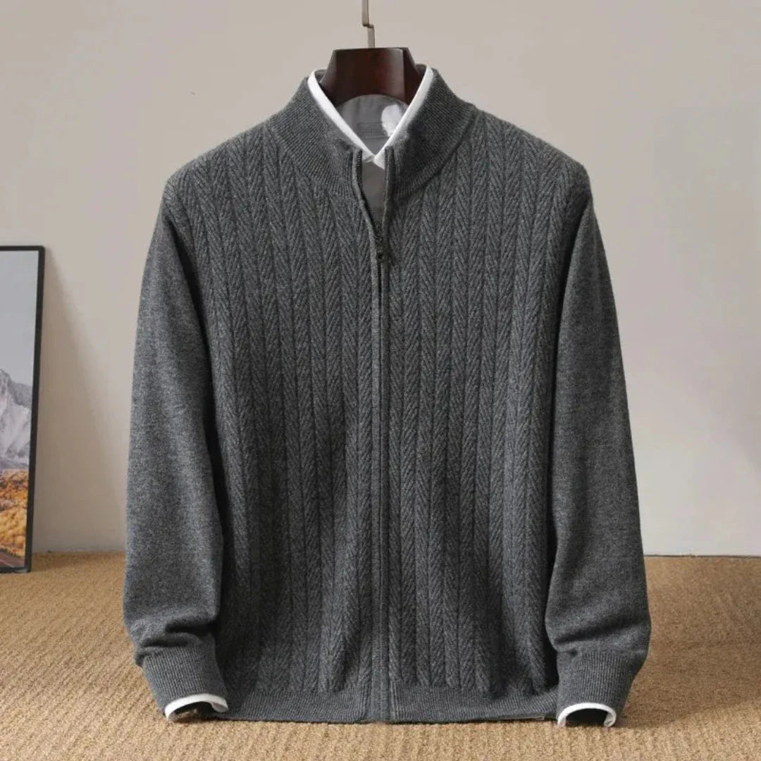 Men's wool zip-up cardigan with herringbone knit texture, stand collar, warm layering piece