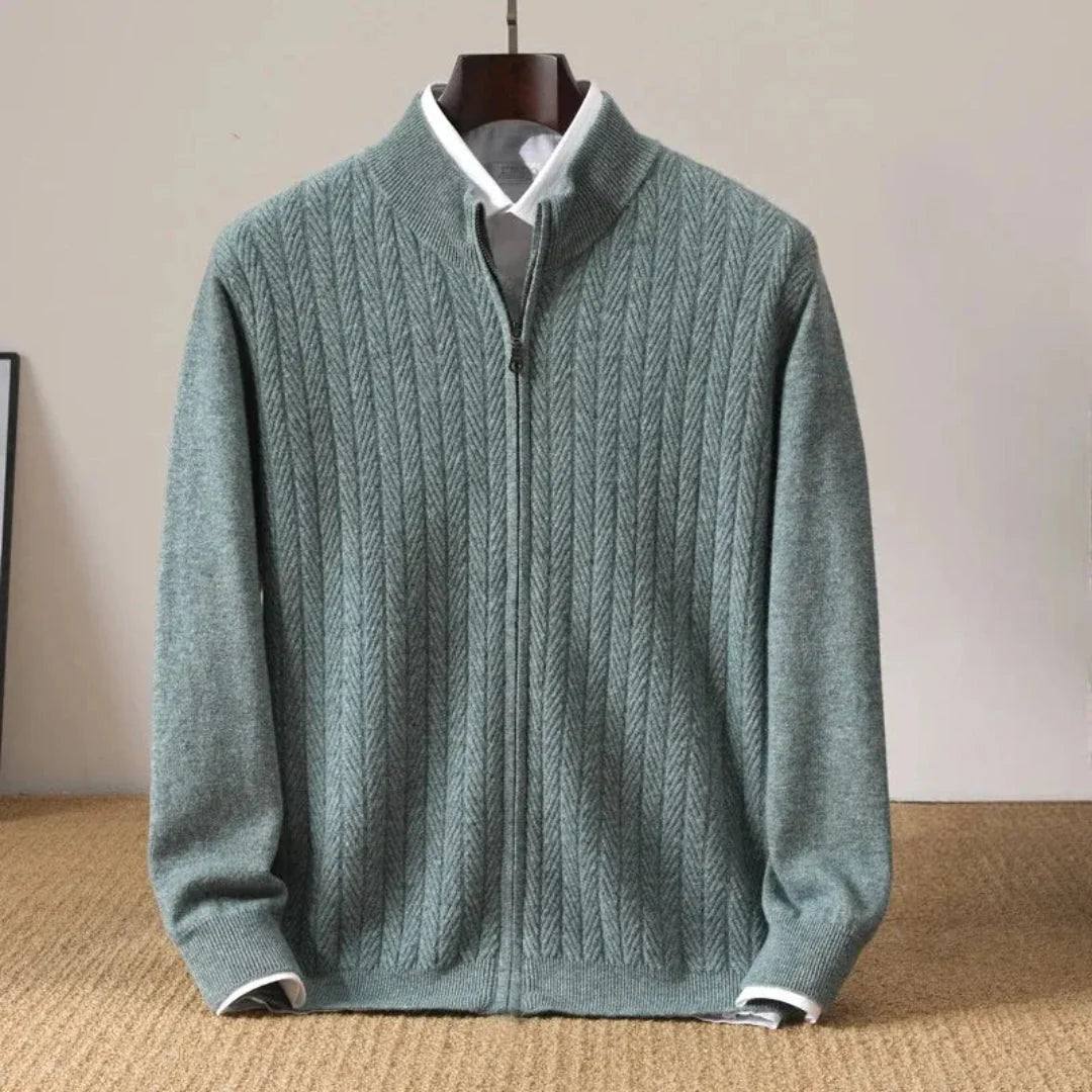 Men's wool zip-up cardigan with herringbone knit, stand collar, and full-zip front for warm layering