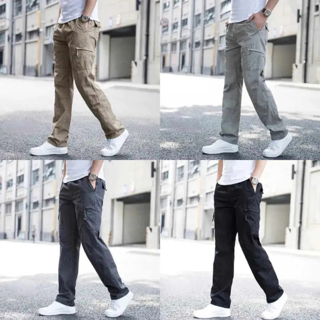 Olive green relaxed-fit cargo pants in organic cotton with 4-way stretch and utility pockets