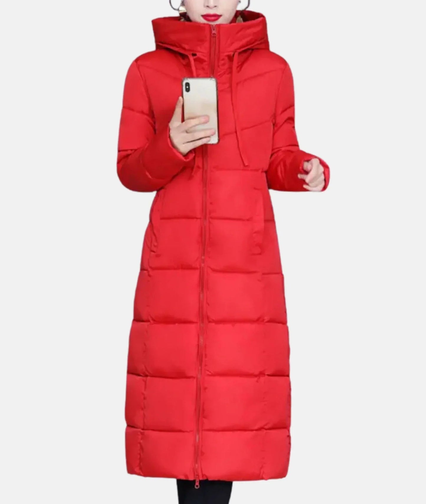Long women's insulated winter coat with hood, solid color, zip closure, streamlined silhouette