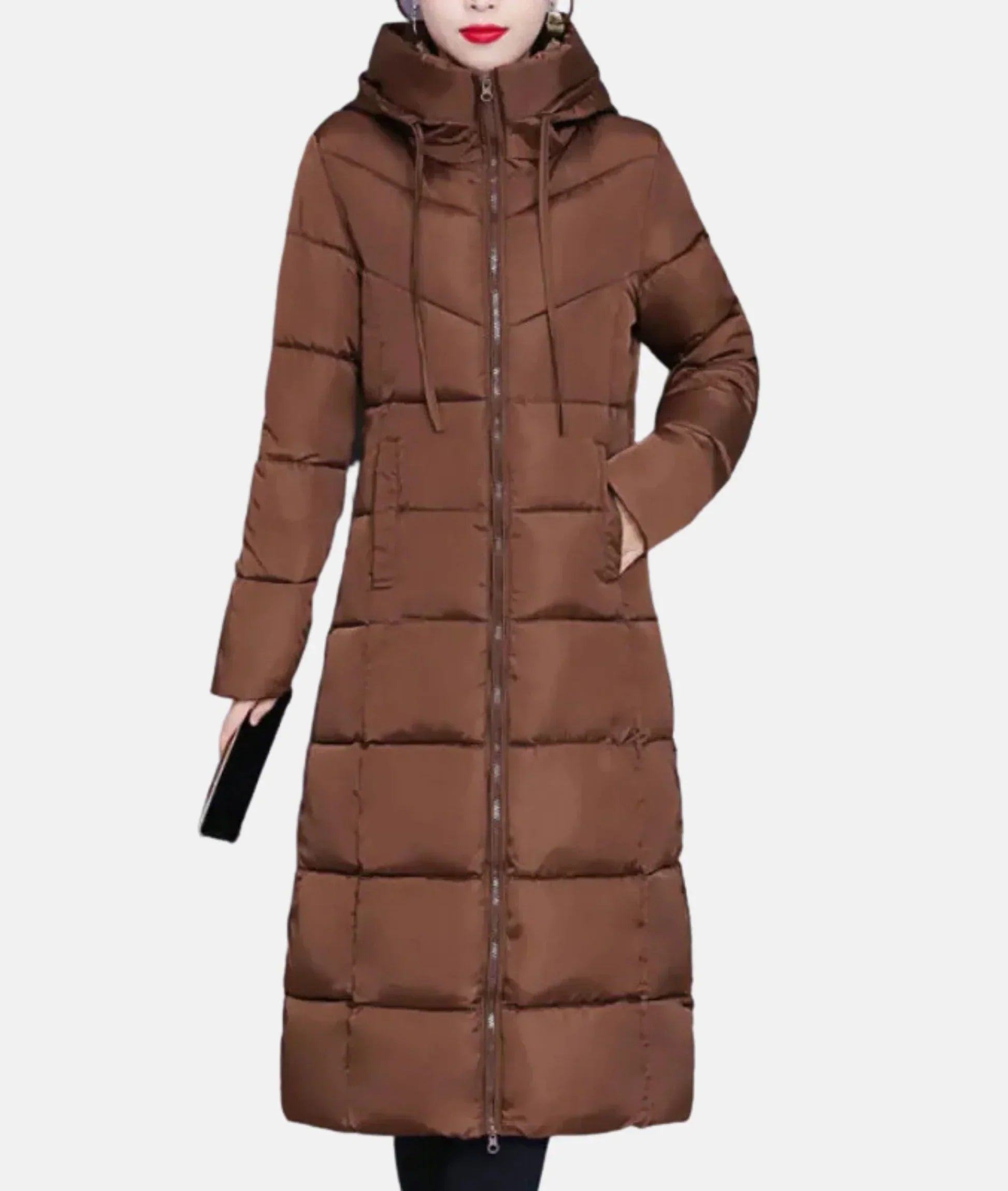 Long women's insulated winter coat with hood, solid color, zip closure, relaxed fit