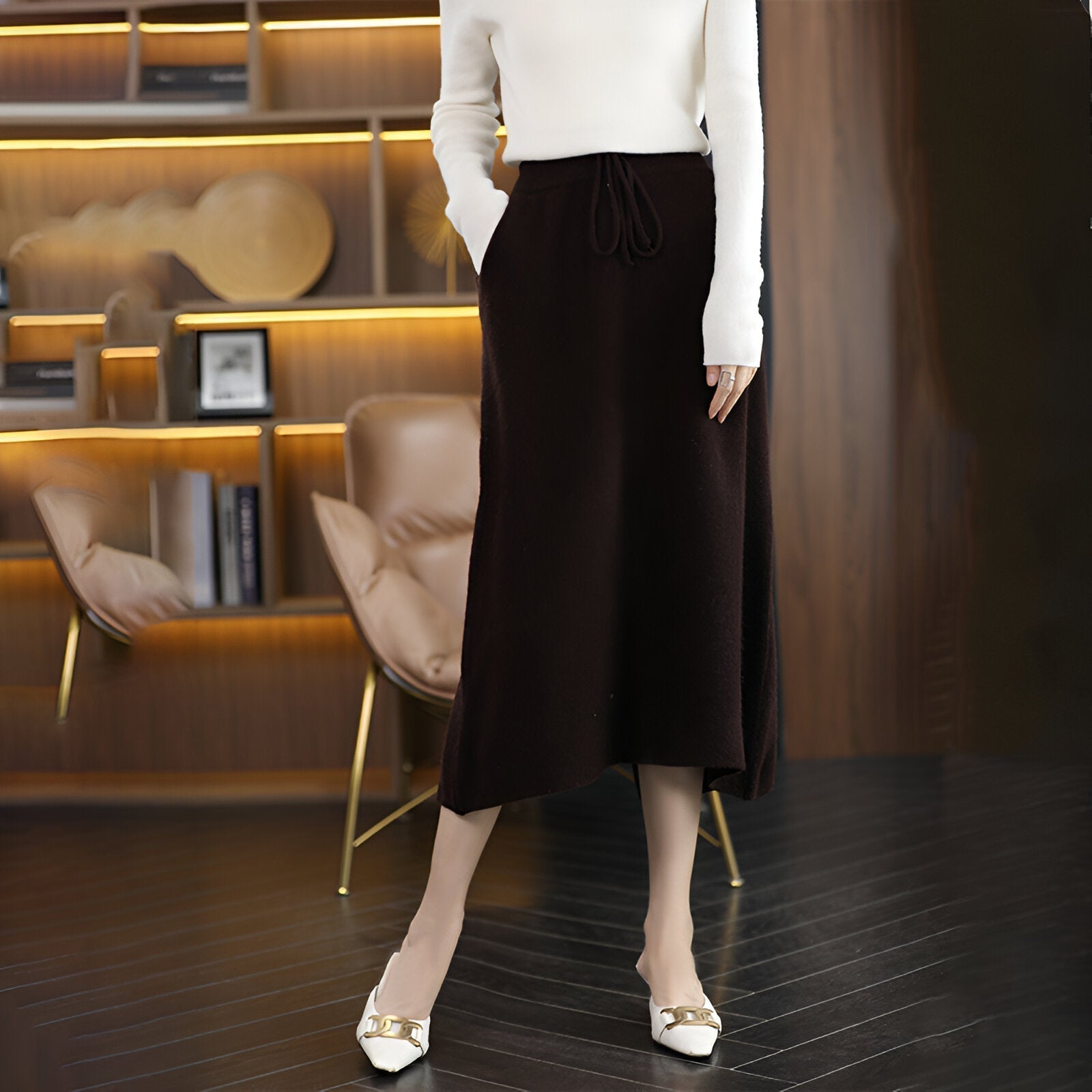Women's 100% merino wool long skirt, elegant autumn winter style with exceptional warmth and softness