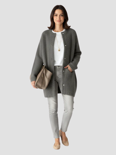 Women's long straight-cut cozy knit cardigan with minimalist button closure for timeless everyday layering