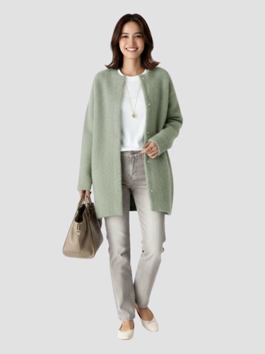 Women's long straight-cut cozy knit cardigan with minimalist button closure for timeless layering