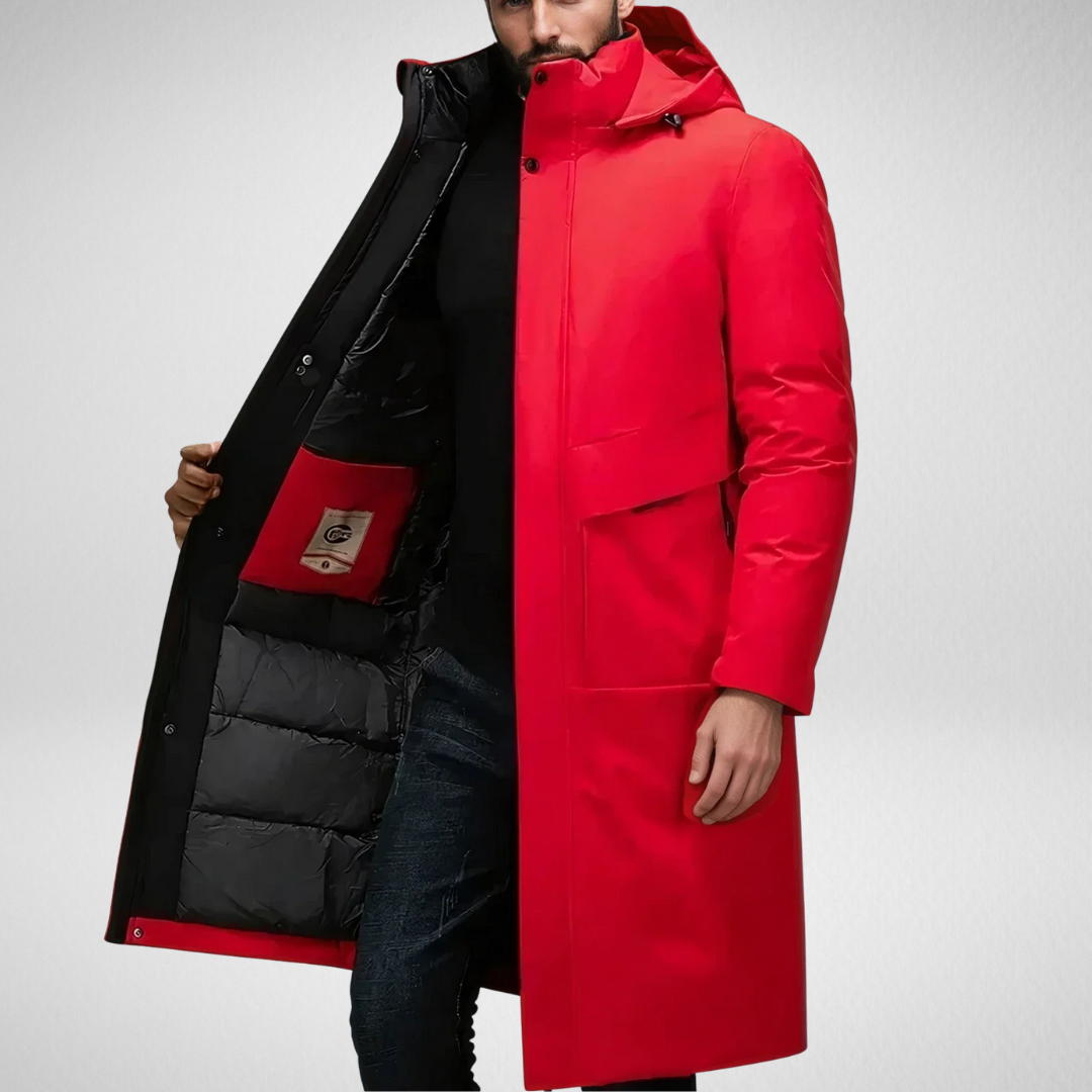 Men's long winter parka coat windproof lined interior warmth modern slim silhouette cold protection