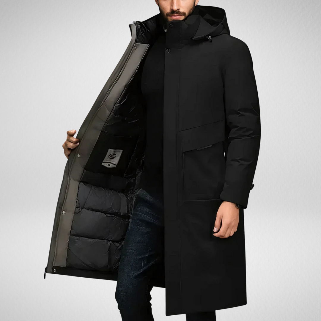 Men's long winter parka windproof insulated lined interior cold protection modern silhouette