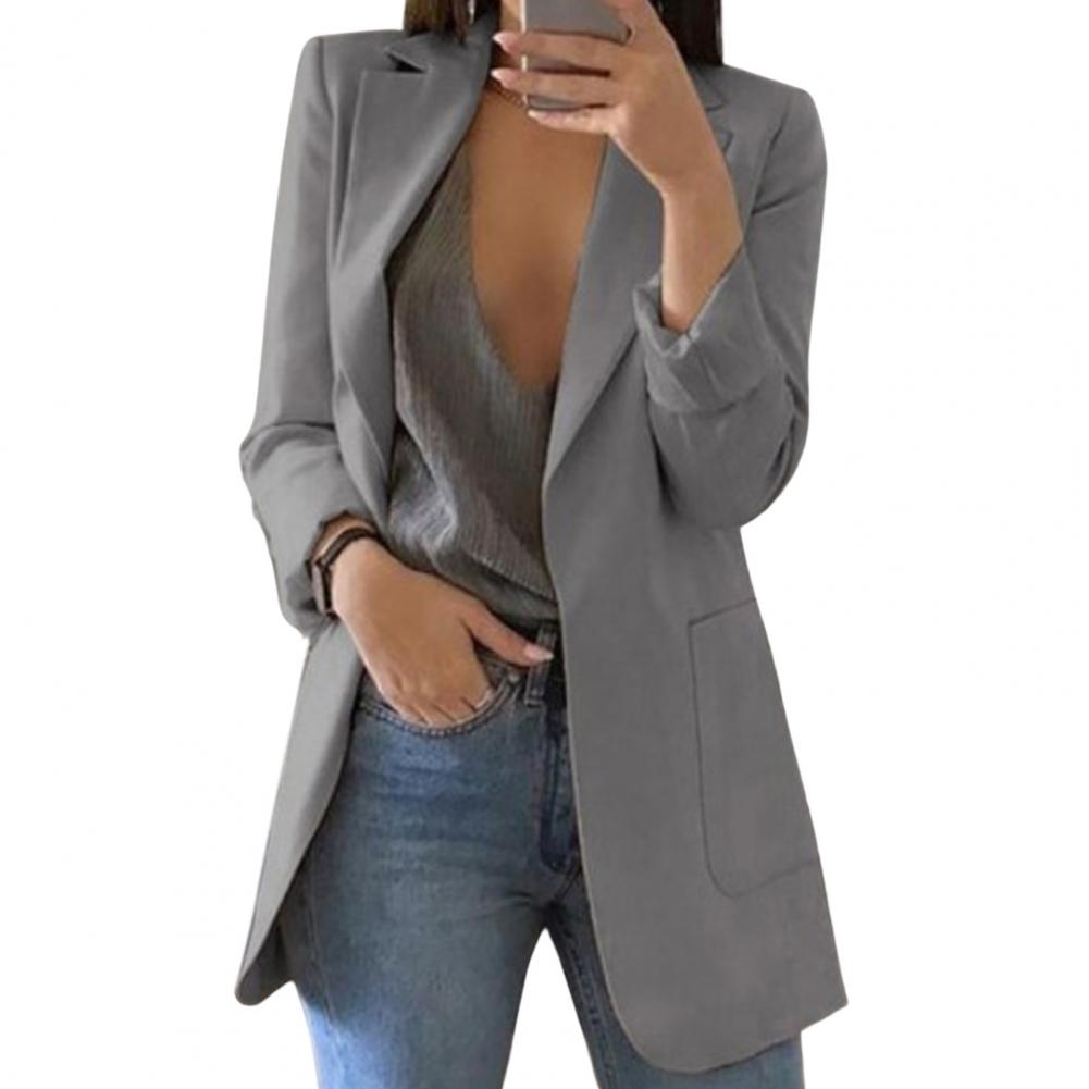 Women's long blazer elegant black front closure streamlined silhouette professional versatile style