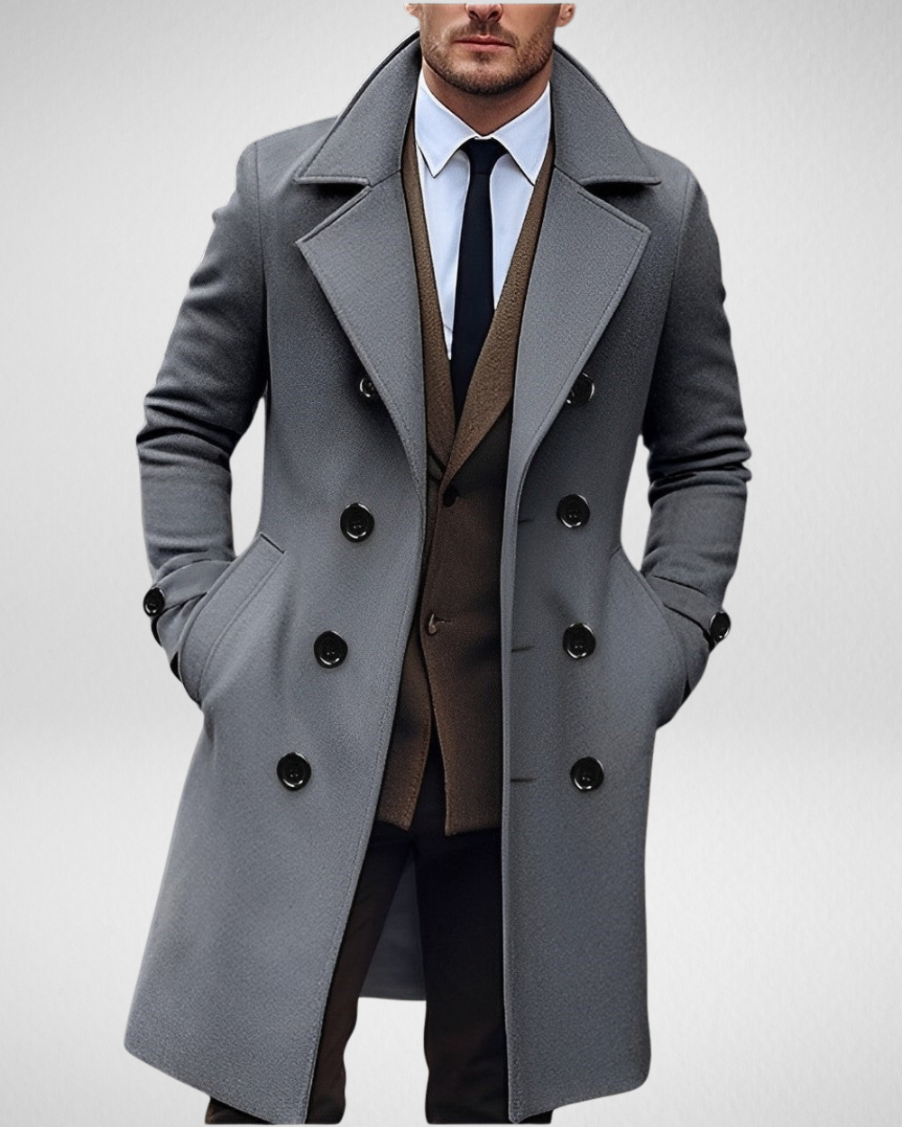 Men's wool blend long winter coat tailored fit double-breasted elegant warm cozy lined interior