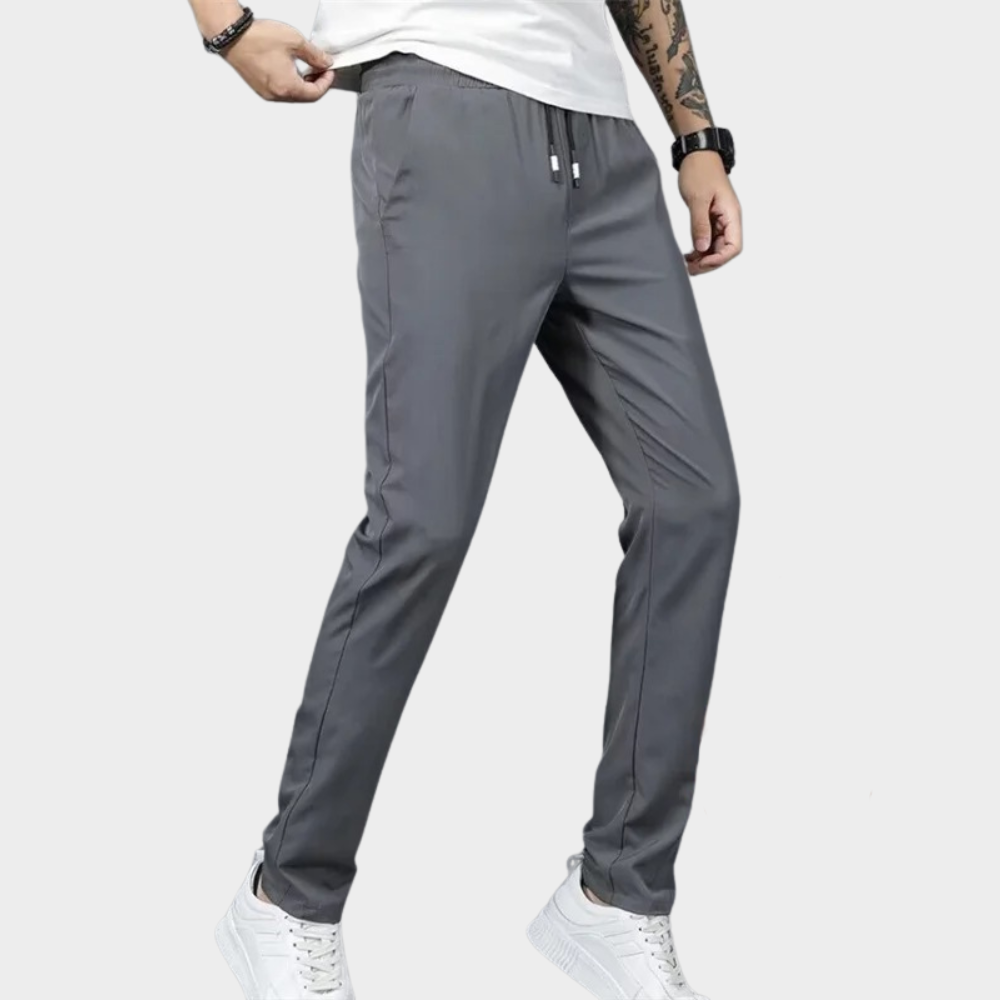 Men's gray stretch pants elastic drawstring waistband relaxed casual fit all-day comfort