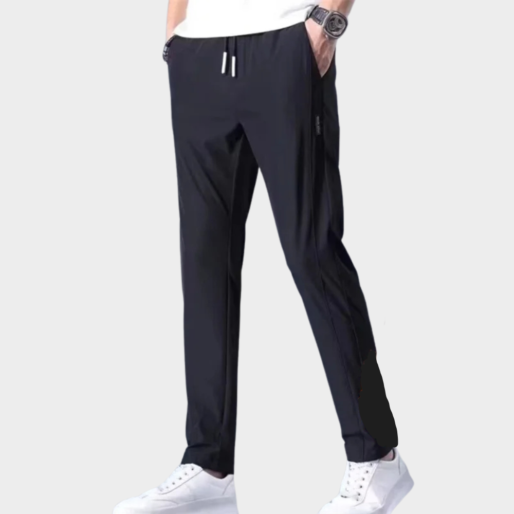 Men's gray stretch pants relaxed fit elastic drawstring waistband everyday comfort casual style