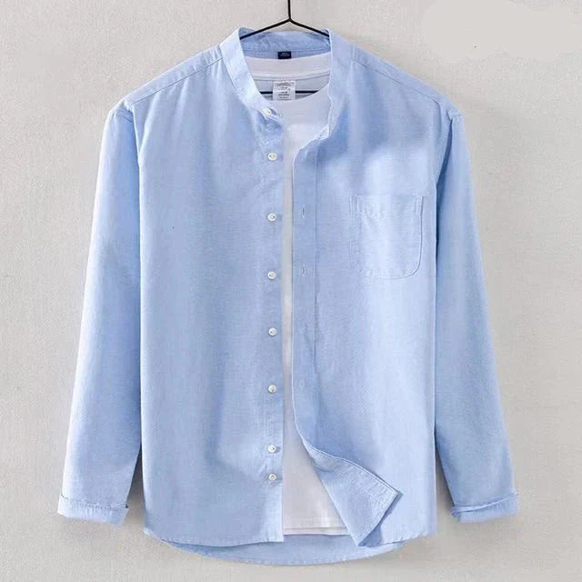 Men's white band collar long sleeve shirt regular fit with chest pocket versatile essential