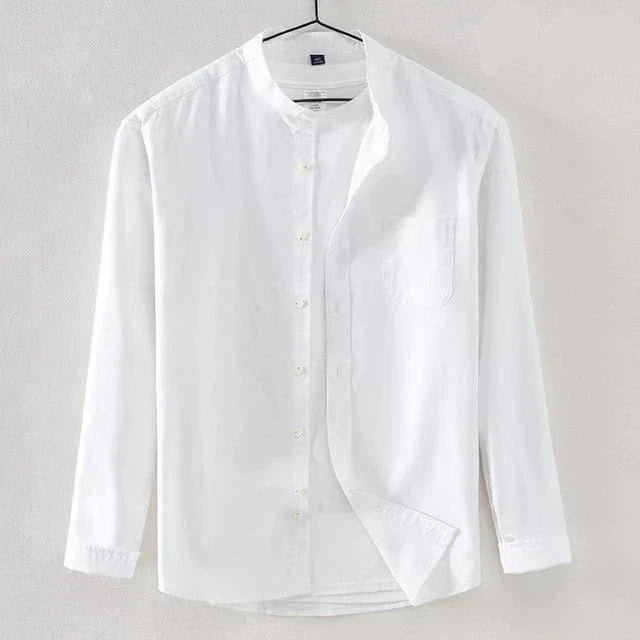 Men's linen shirt high collar with pockets, breathable smart-casual elegant work leisure style