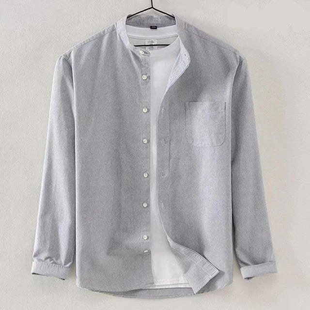 Men's white band collar long sleeve shirt regular fit with chest pocket versatile essential