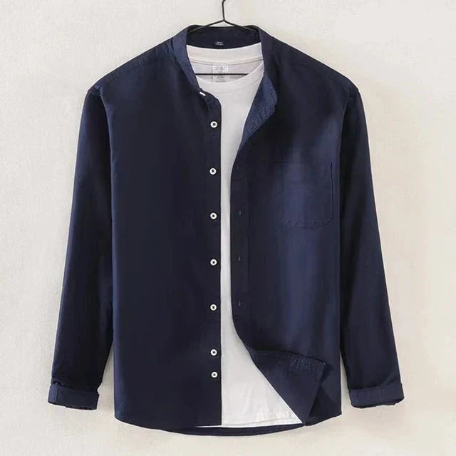Men's white band collar long sleeve regular fit shirt with chest pocket