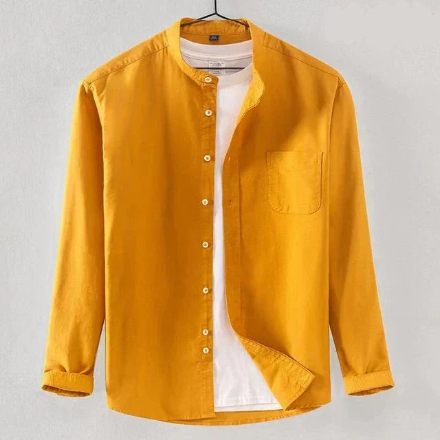 Men's white band collar long sleeve shirt regular fit with chest pocket versatile essential