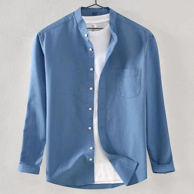 Men's white band collar long sleeve shirt regular fit with chest pocket versatile essential
