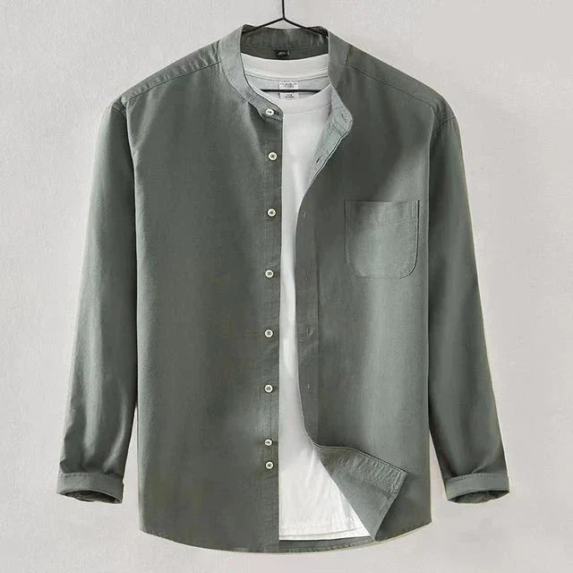 Men's white band collar long sleeve shirt regular fit with chest pocket versatile essential