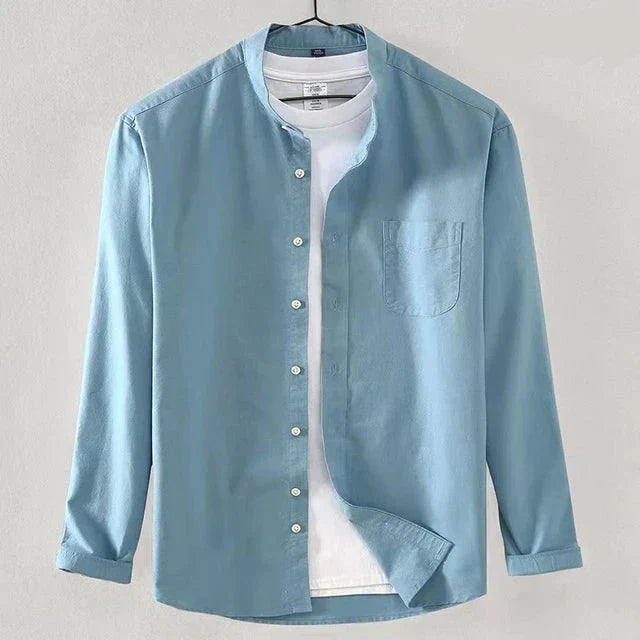 Men's white band collar long sleeve shirt regular fit with chest pocket versatile essential