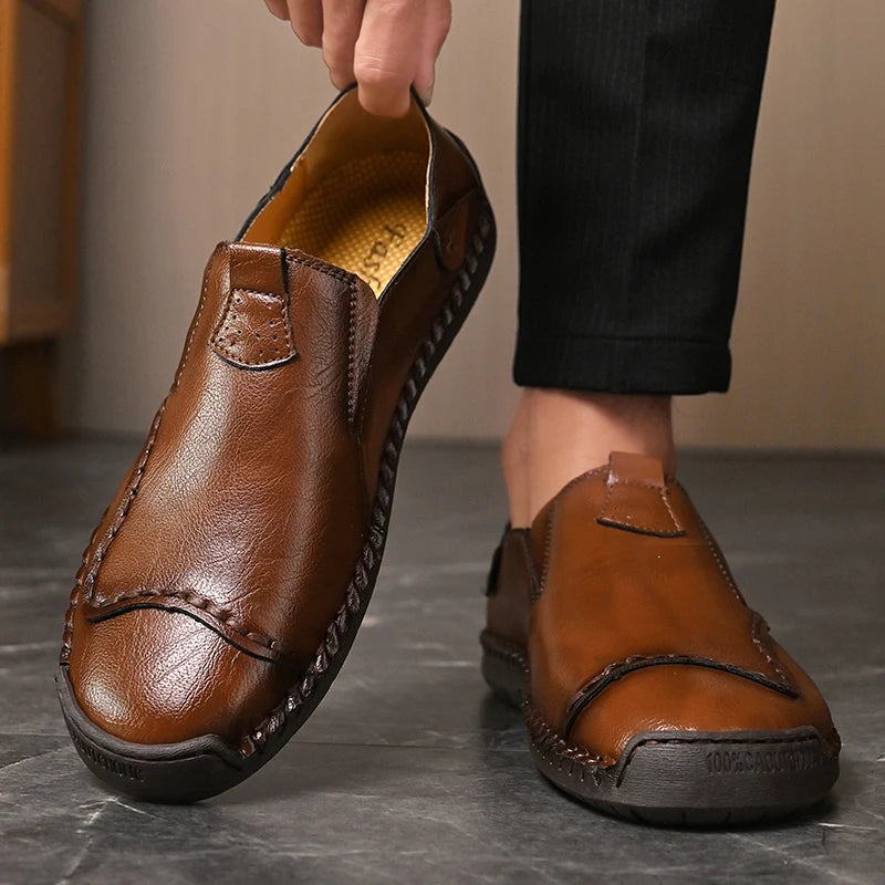 Brown genuine leather slip-on shoes handcrafted upper casual everyday style by Urbann Vibe