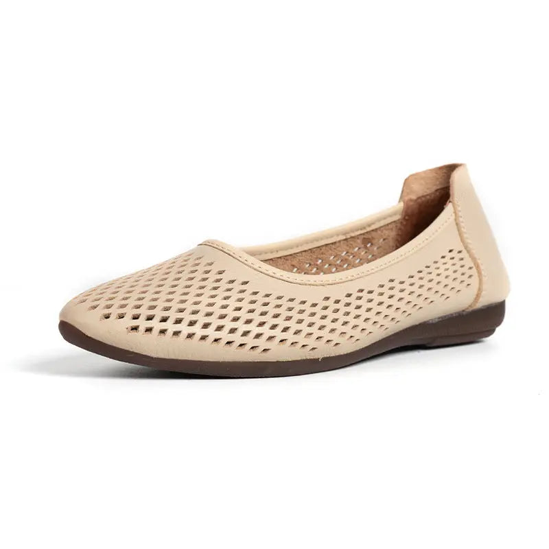 Women's beige laser-cut ballet flats slip-on faux leather breathable perforated everyday comfort shoes