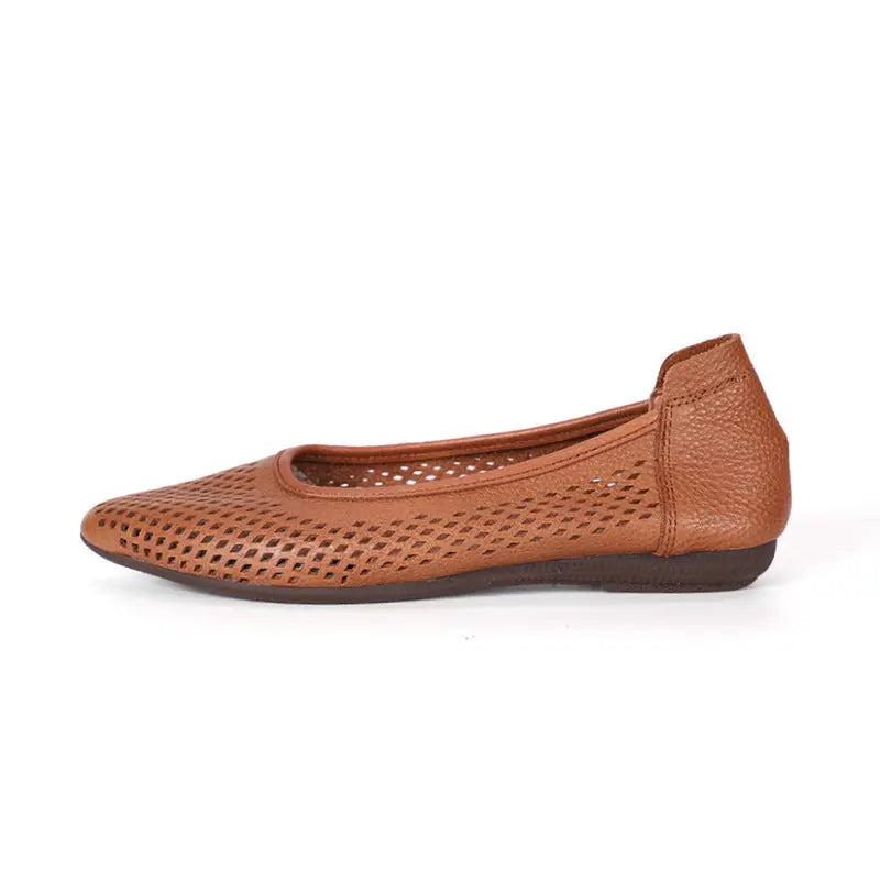 Women's beige laser-cut ballet flats slip-on faux leather breathable perforated everyday flats