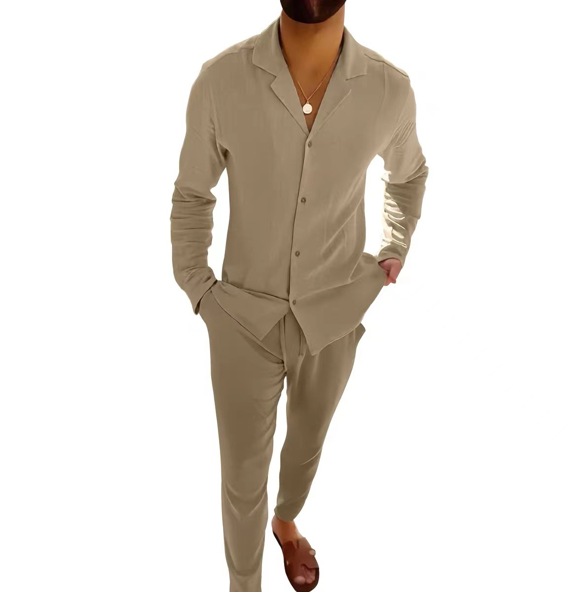 Men's beige linen matching set relaxed casual cut breathable summer fabric for warm days
