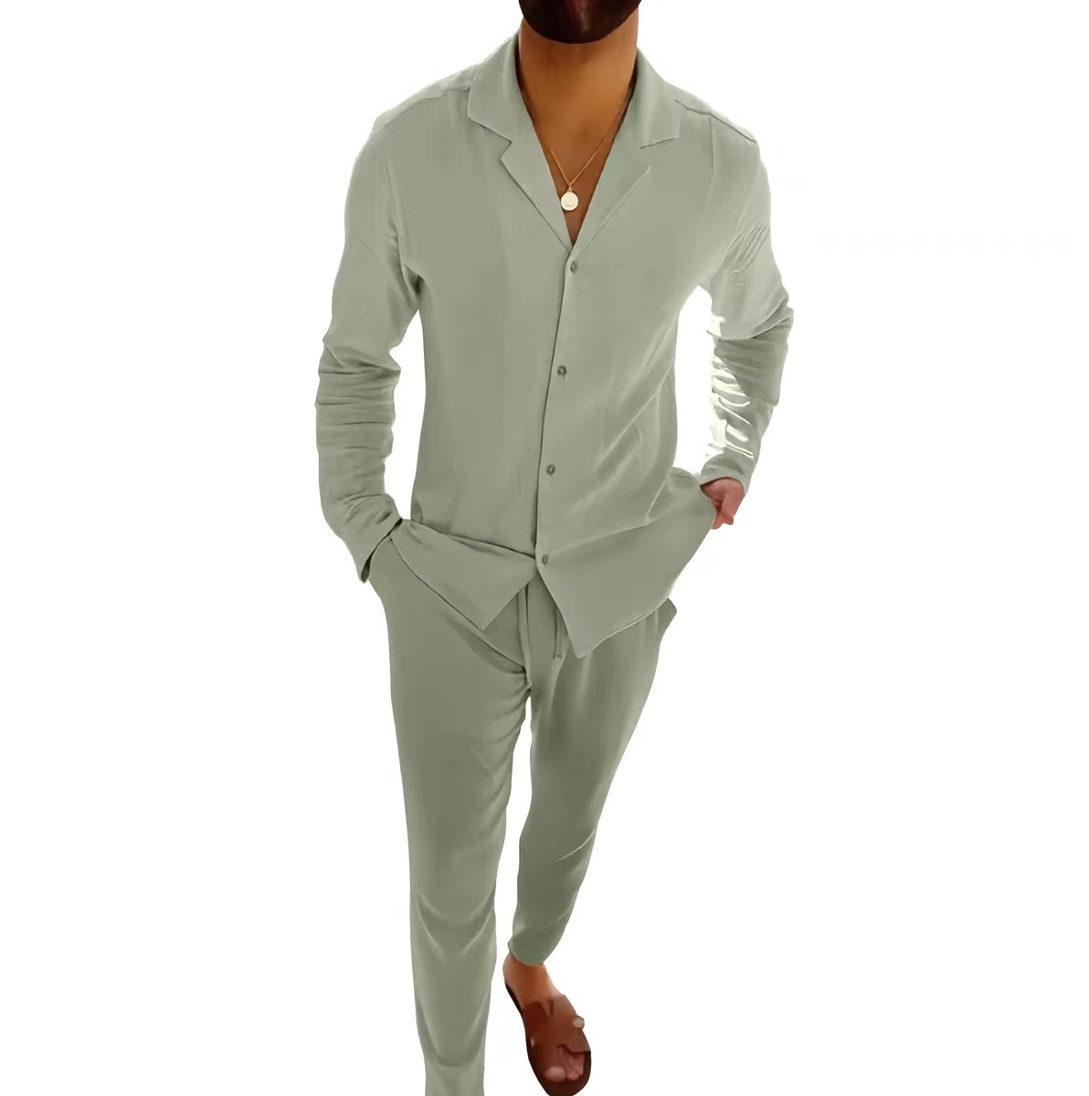 Men's beige linen matching set relaxed casual cut breathable summer fabric for warm days