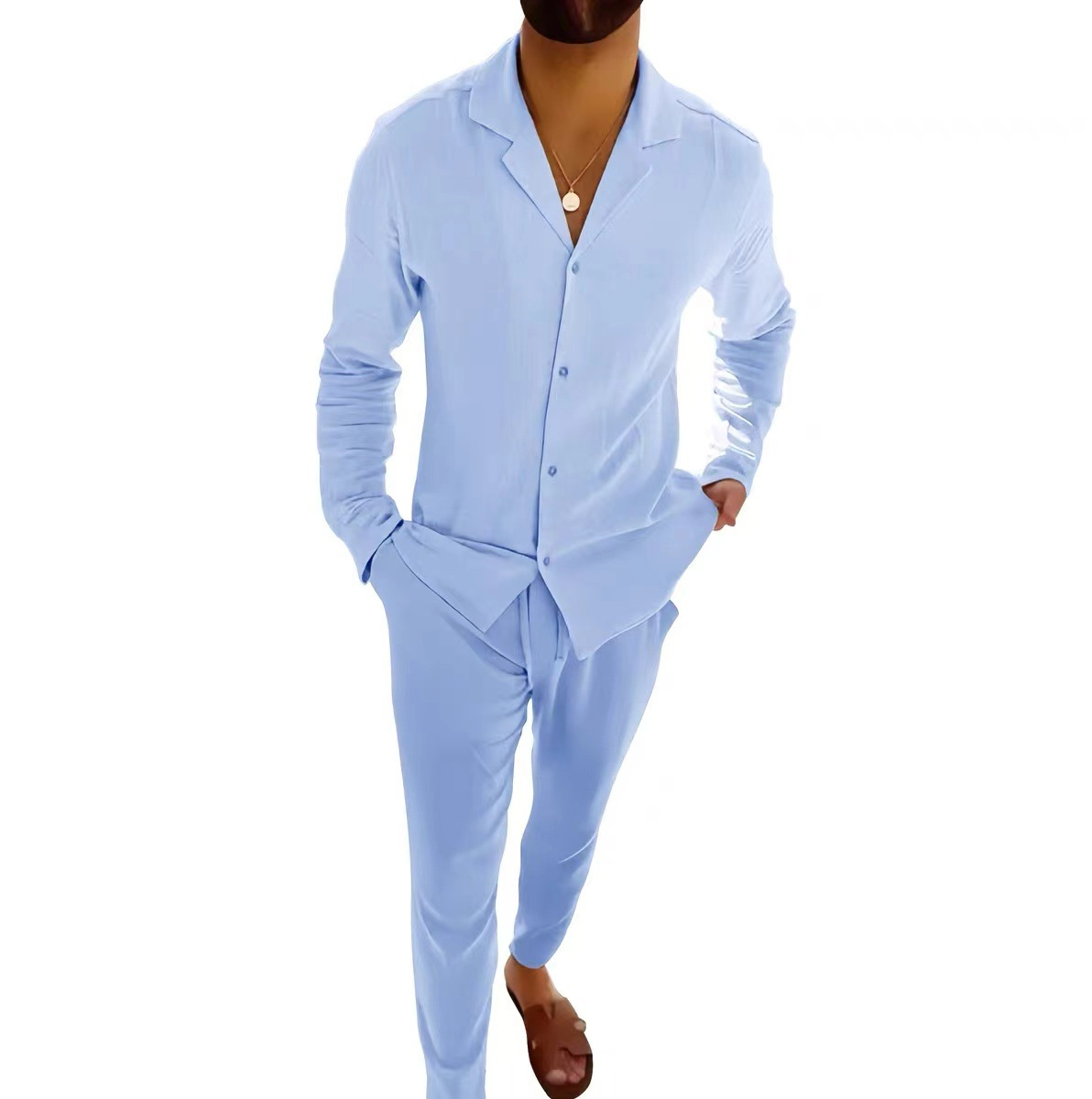 Men's beige linen matching set relaxed-fit breathable fabric casual summer outfit