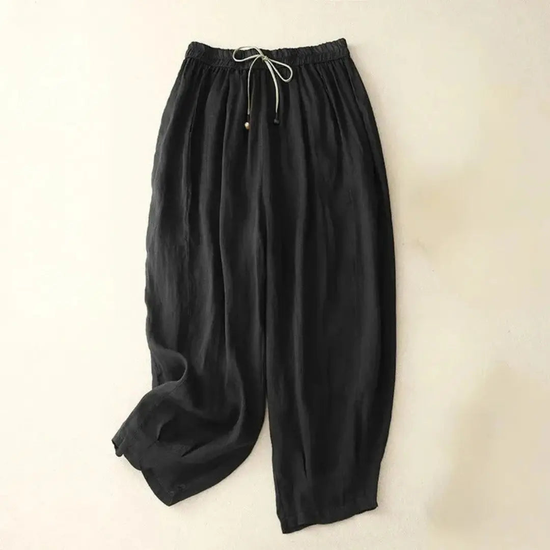Women's beige linen drawstring pants, relaxed fit with elastic waistband for effortless chic comfort