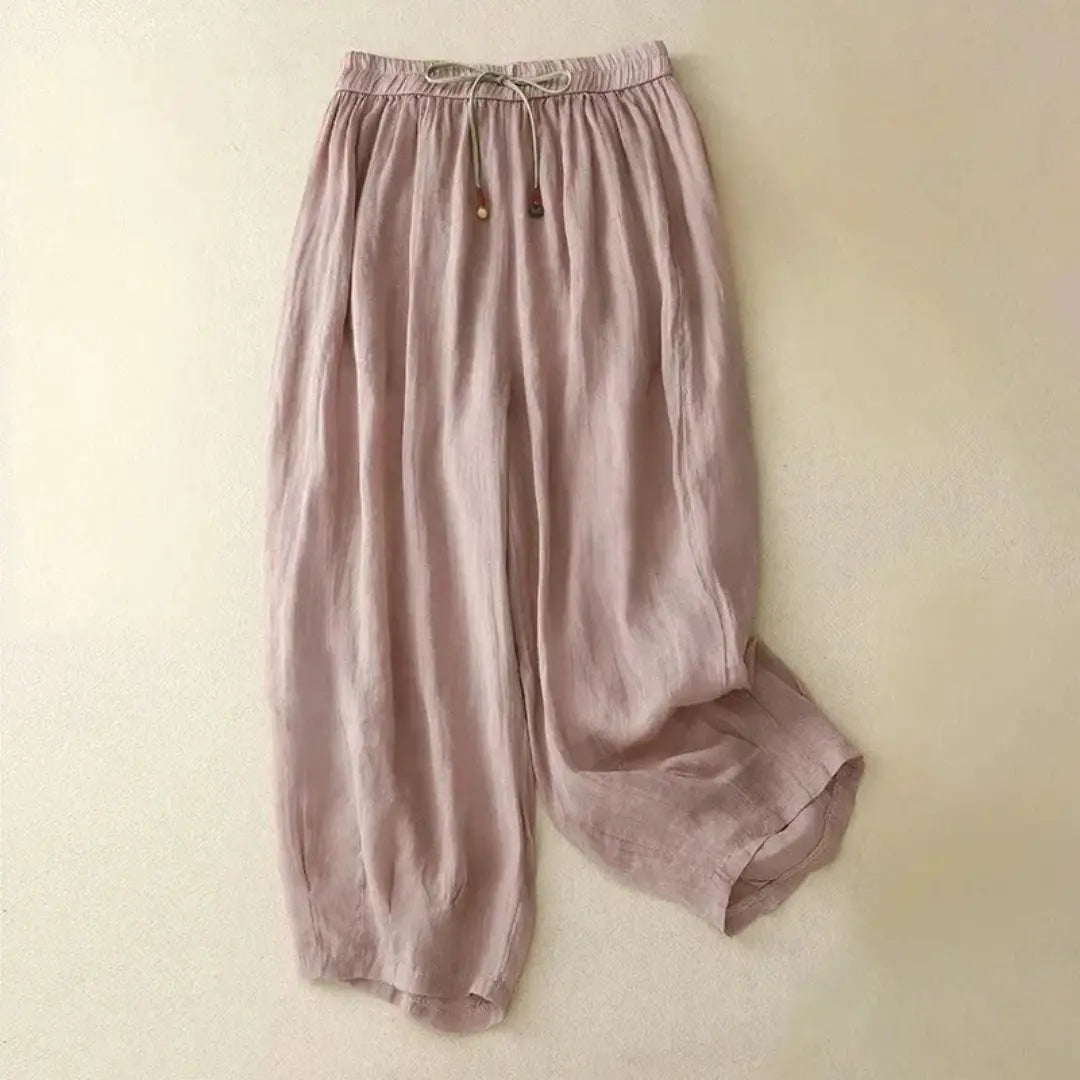 Women's beige linen drawstring pants lightweight breathable elastic waist casual chic relaxed fit