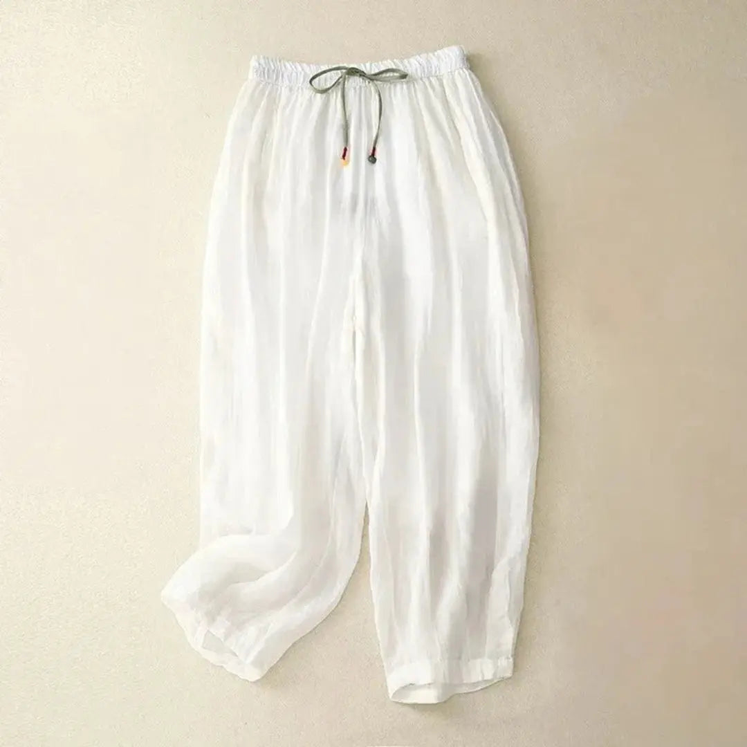 Women's beige linen drawstring pants relaxed fit elastic waistband breathable lightweight casual chic