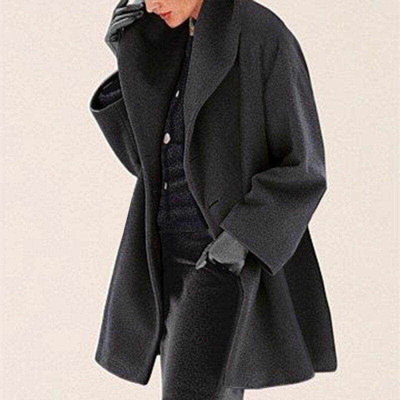 Women's oversized wool-blend coat with wide draped collar, sculptural silhouette for effortless layering