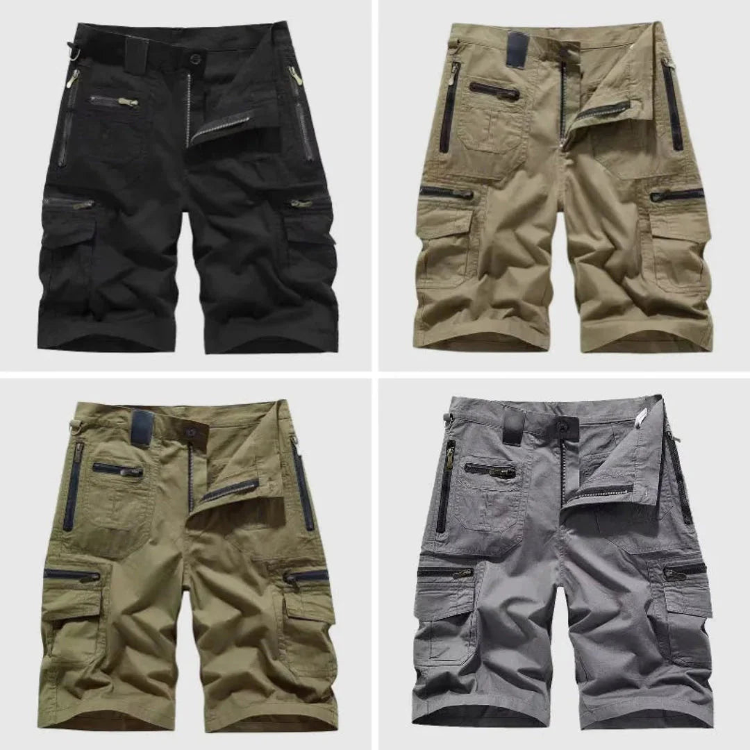 Men's khaki zipper cargo shorts with multi-pocket utility design, durable cotton-blend outdoor performance