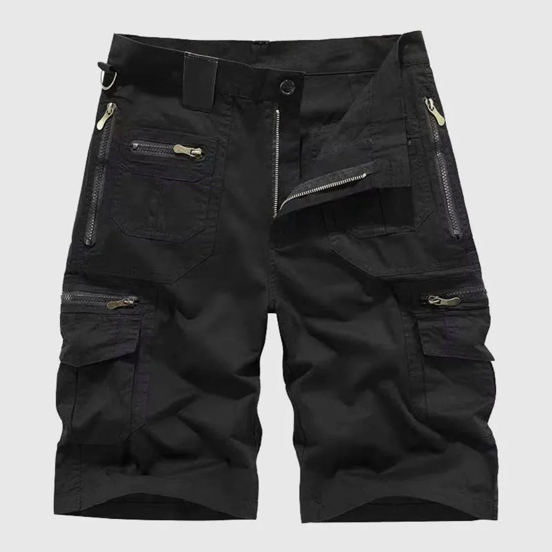 Men's khaki zipper cargo shorts with multi-pocket utility design, durable cotton-blend outdoor performance