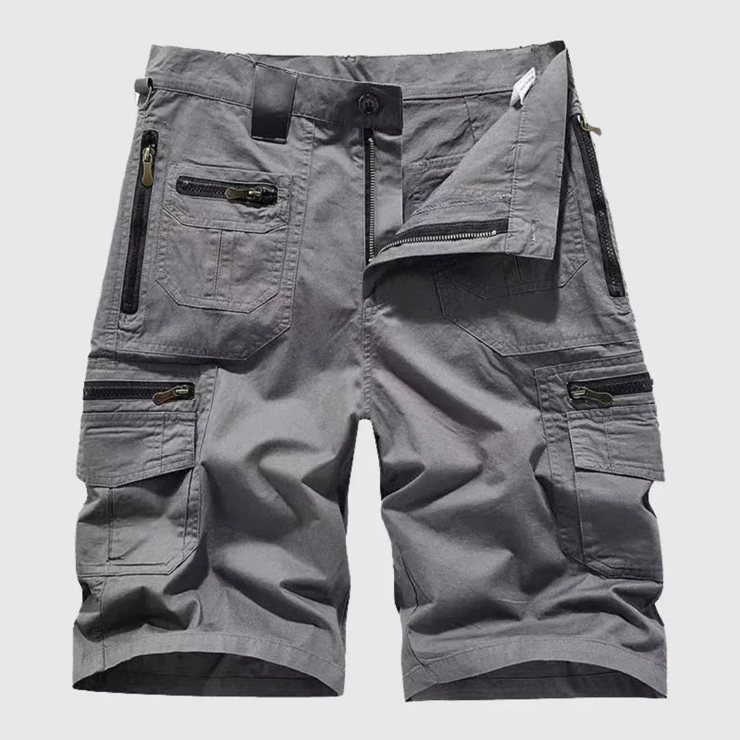 Men's khaki cargo shorts with zipper pockets, durable cotton-blend outdoor performance utility design