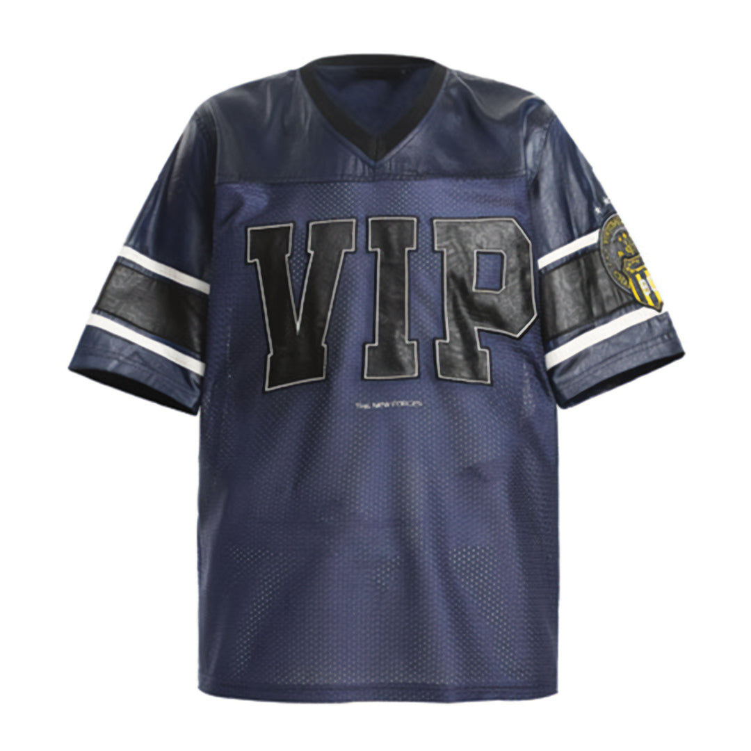 Red Zone vegan leather jersey red V-neck mesh breathable embroidered VIP patchwork streetwear athletic fit