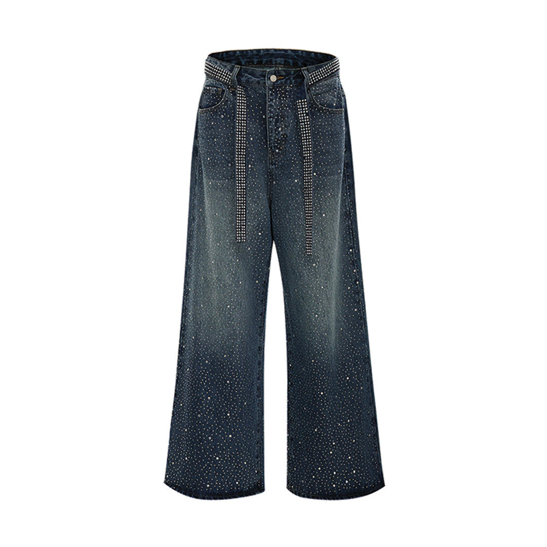 Washed denim flared wide-leg jeans with hand-placed 24K crystals and matching crystal belt