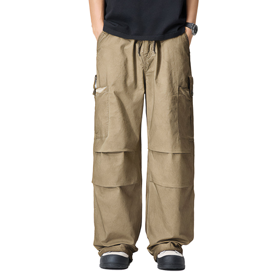 Men's lightweight cotton cargo trousers relaxed fit with elastic waist drawstring and multi-pocket design