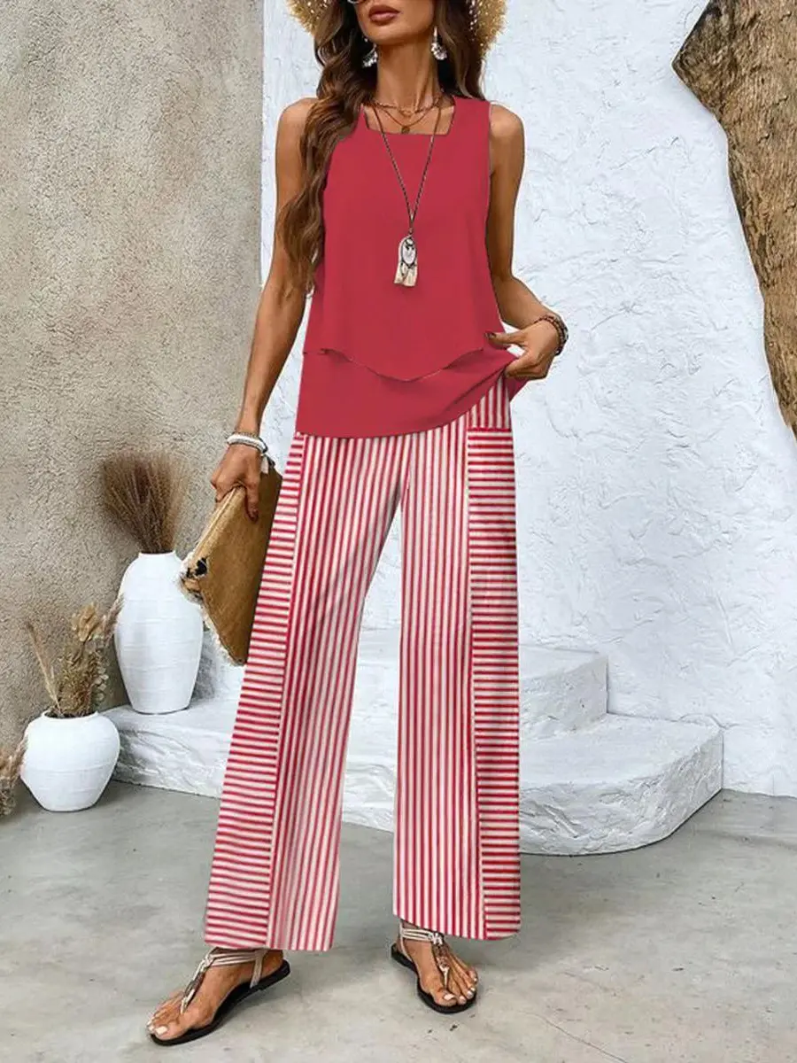 Plus size white sleeveless layered square neck top and wide leg trousers set breathable summer outfit