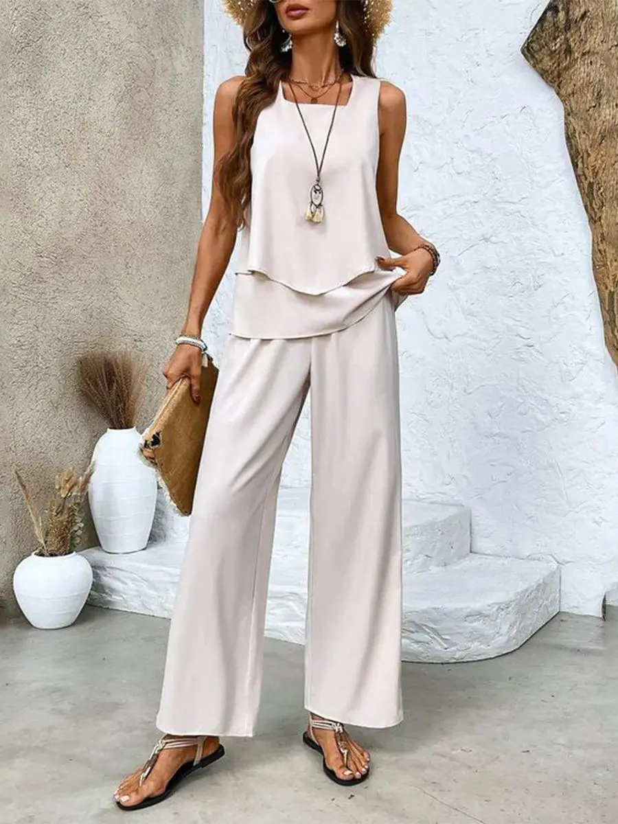 Plus size sleeveless layered top wide leg trousers set women breathable summer square neckline
