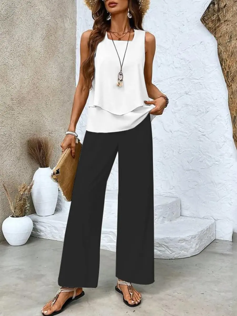 Plus size sleeveless layered square neck top wide leg trousers set breathable summer two-piece