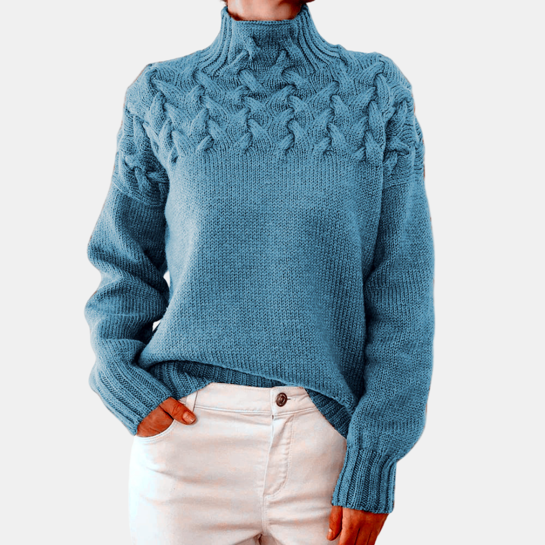 Women's cream cable knit turtleneck sweater relaxed fit with raised texture bodice detailing