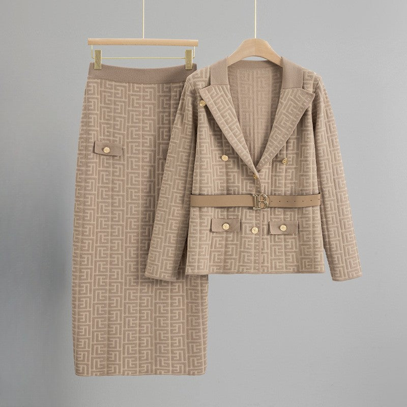 Women's black geometric grid blazer and skirt set modern architectural tailored matching ensemble