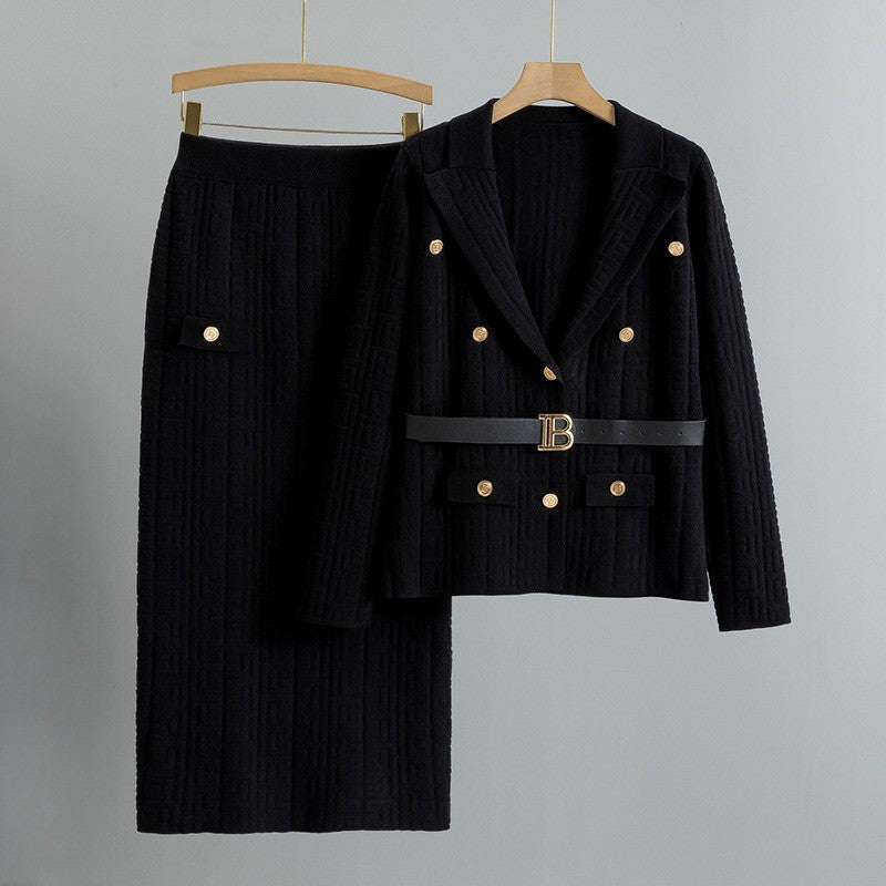 Women's black geometric grid blazer and skirt set with architectural tailoring and modern art texture