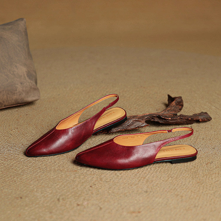 Beige leather pointed toe slingback flats with V-cut vamp and slim silhouette for professionals