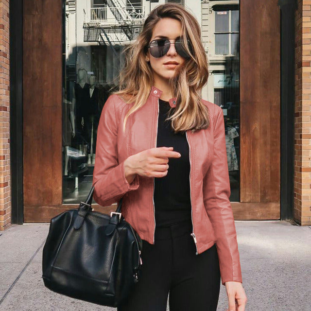 Women's black stand-up collar zip jacket tailored slim fit minimalist versatile outerwear