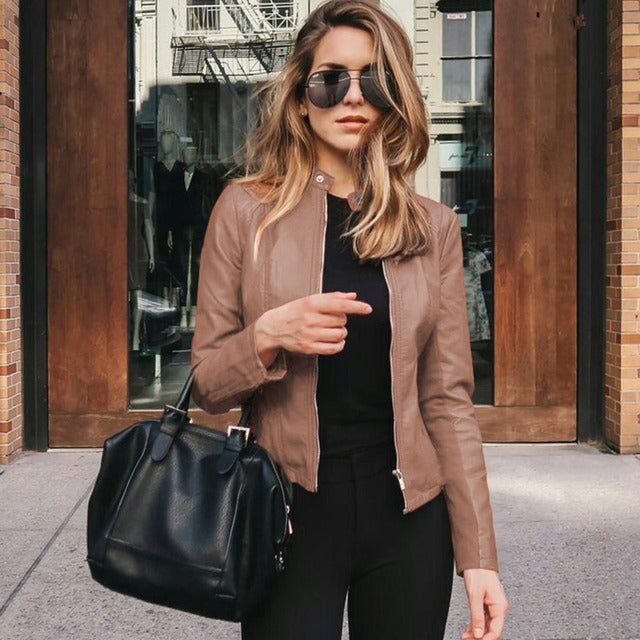 Women's black minimalist stand-up collar jacket slim tailored fit with sleek front zipper closure