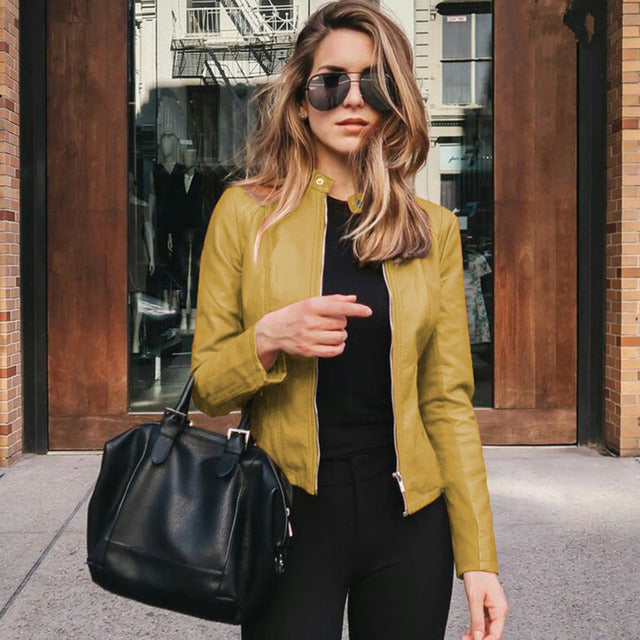 Women's black stand-up collar zip jacket tailored slim fit minimalist outerwear sleek silhouette